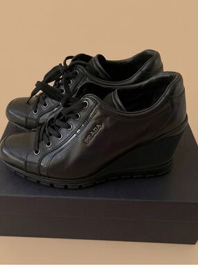 Women Prada Black Leather Casual Lace-Up Sneakers